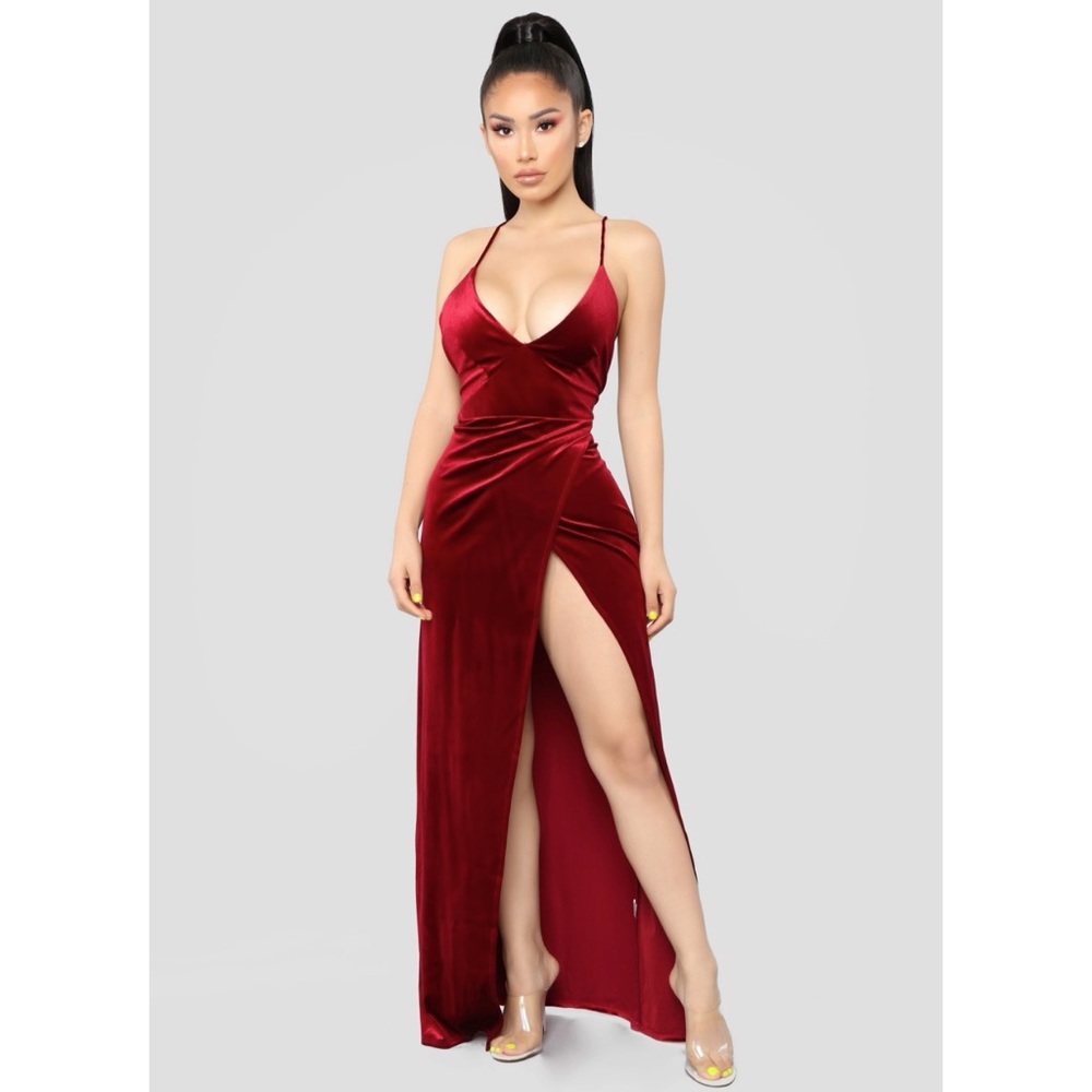 Burgundy velvet floor length dress